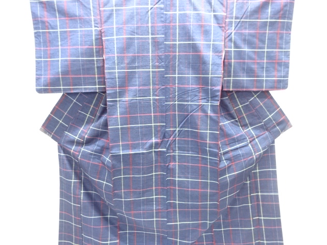 JAPANESE KIMONO / SILK / HAND WOVEN TSUMUGI / GRID